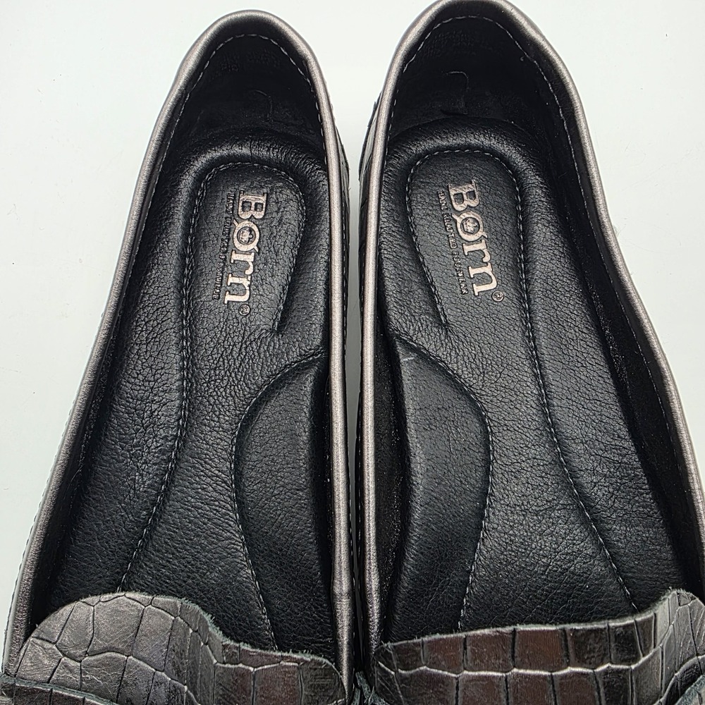 Born Malena Loafers Womens 9 Metallic Pewter Croc Embossed Leather Driving Shoes - Picture 9 of 10